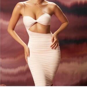 OH POLLY Ruched asymmetric midi dress